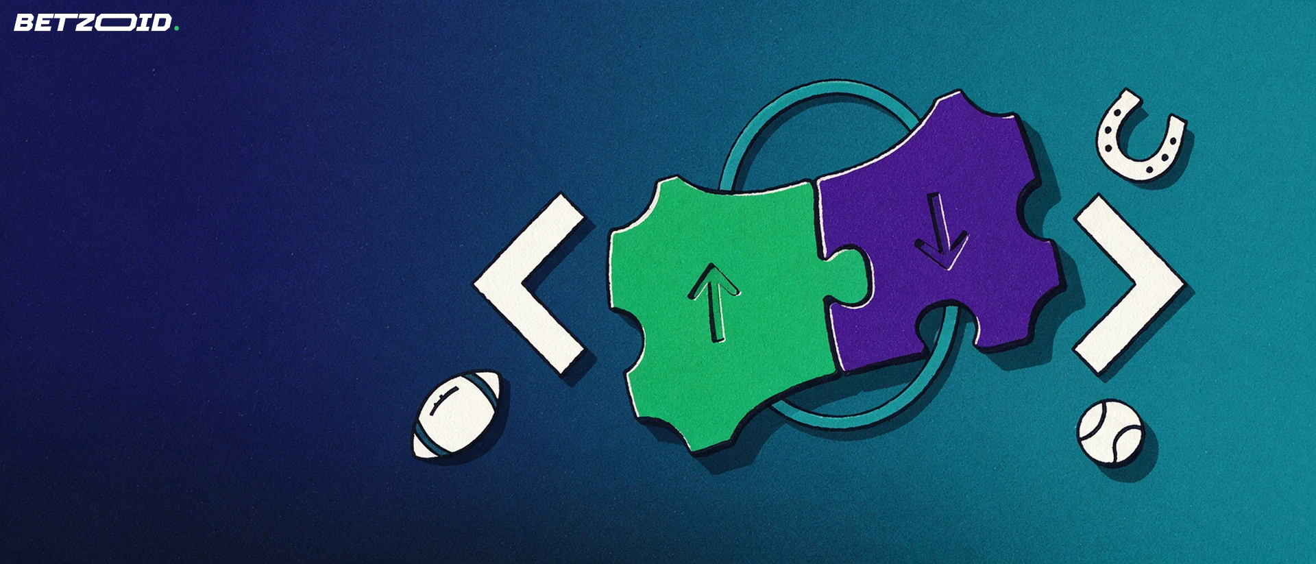 Illustration of two ticket-shaped puzzle pieces with up and down arrows locking together between opposing chevrons, with small ball and horseshoe symbols.
