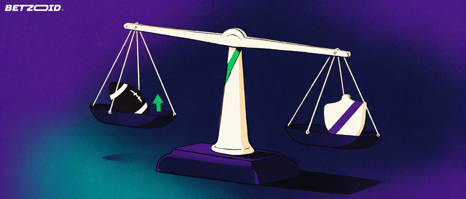 Illustration of a balance scale holding a football on one pan and a crossed shield on the other, with a thin green wedge cut from its central column.