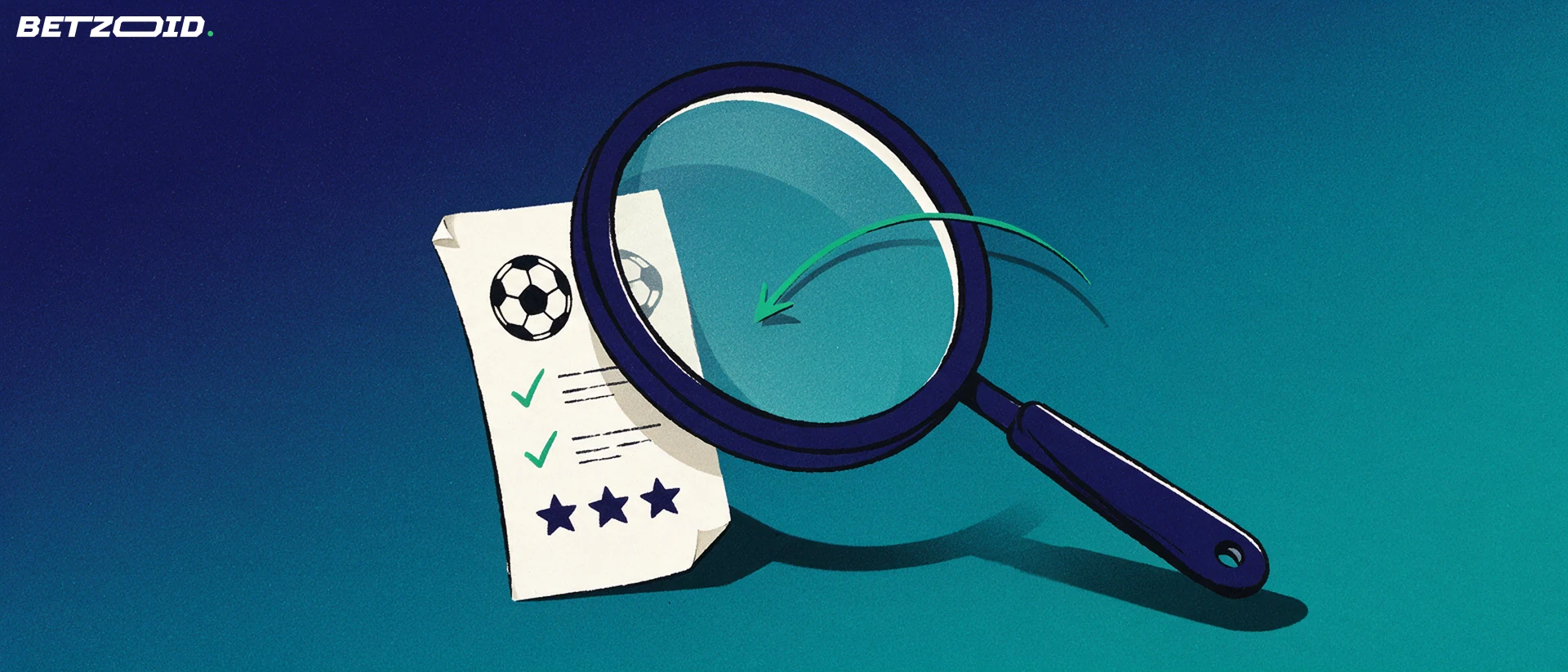 Ilustración de una lupa grande que examina un boleto de apuestas con un balón de fútbol, marcas de verificación y estrellas de valoración.