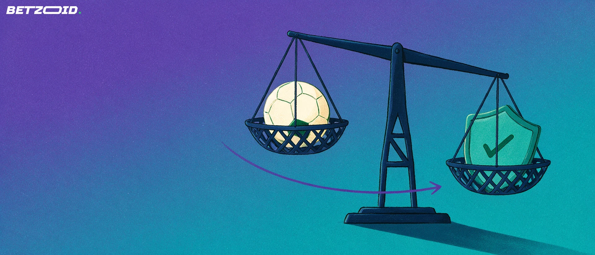 Ilustración de una balanza que compara un balón de fútbol con un escudo que lleva una marca de verificación.