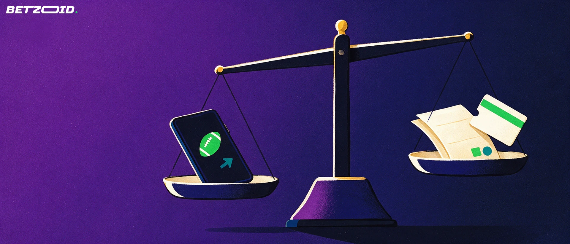 Ilustración de una balanza que compara un teléfono móvil con símbolo de fútbol frente a boletos de apuesta y una tarjeta de pago.