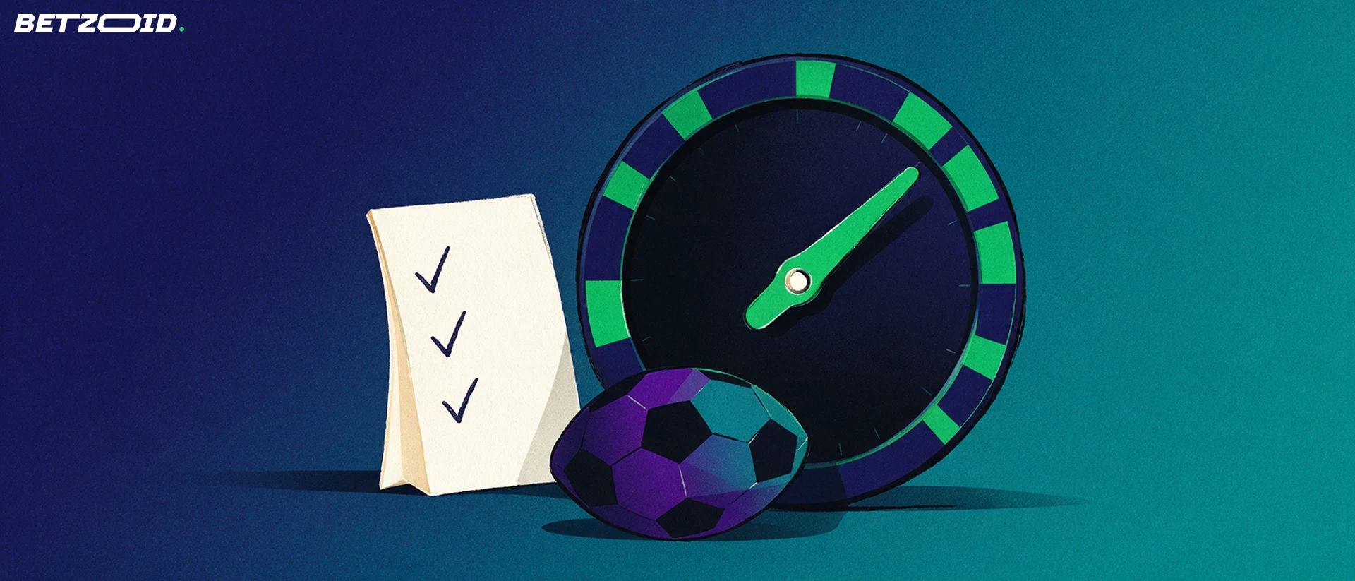 Ilustración de un gran dial de cuotas con aguja verde junto a un boleto de apuestas doblado y un balón de fútbol geométrico.