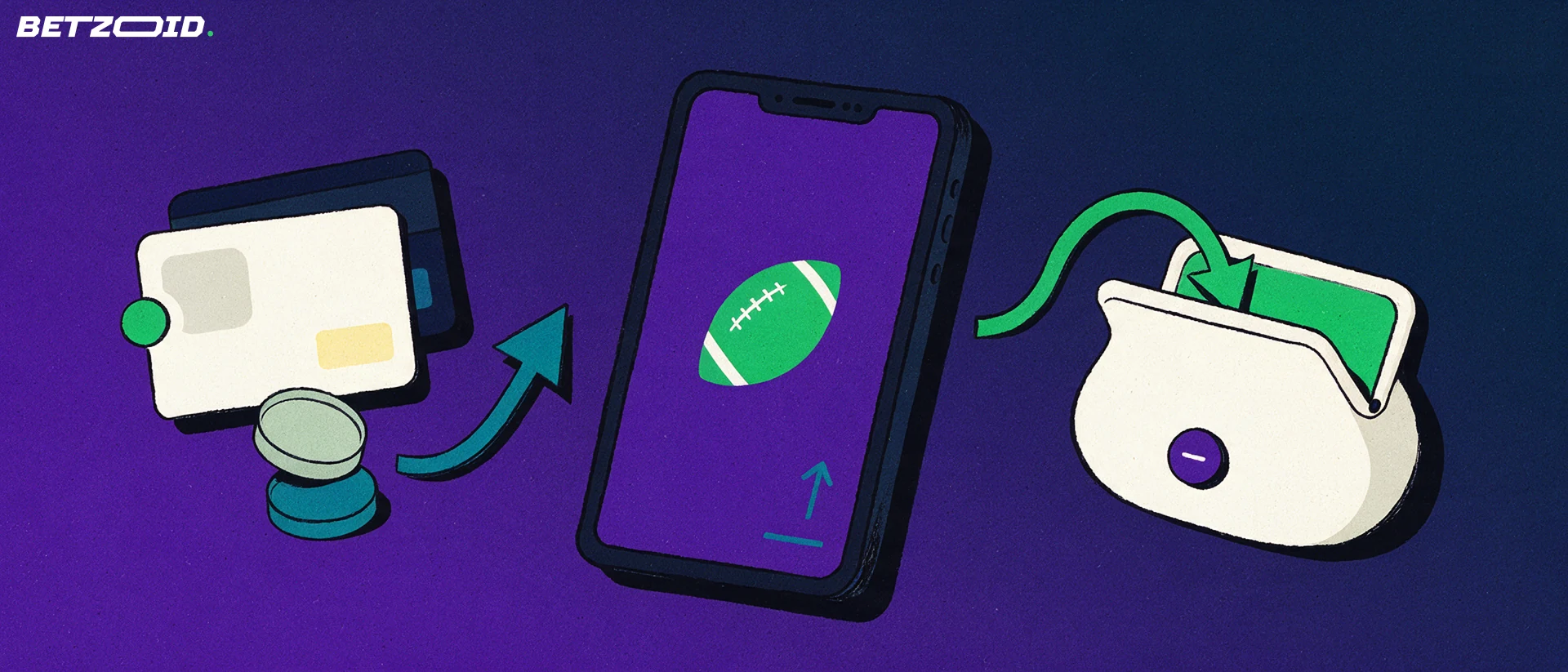 Ilustración de un teléfono con un icono de balón, tarjetas y monedas que entran por una flecha y una flecha de salida hacia una cartera.