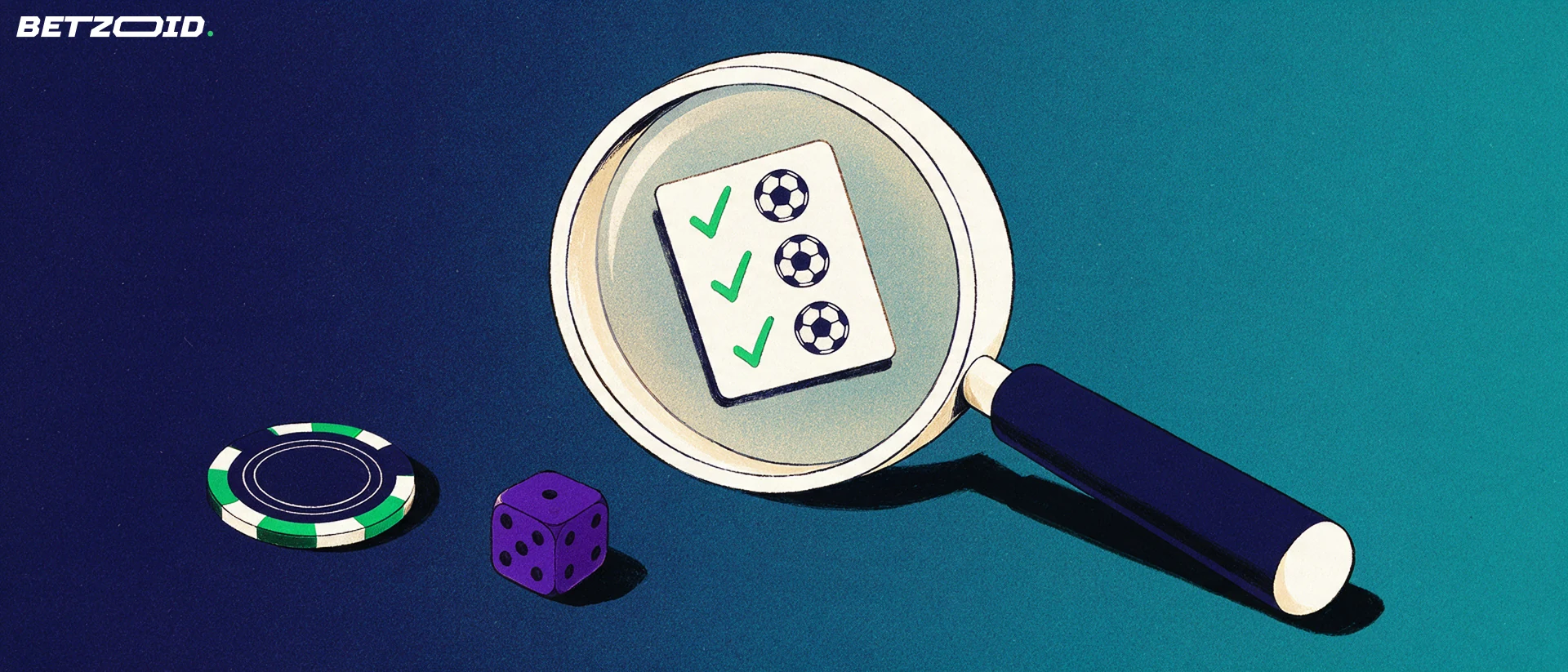 Ilustración de una lupa grande que amplía un boleto de apuestas con marcas de verificación, junto a una ficha de casino y un dado.