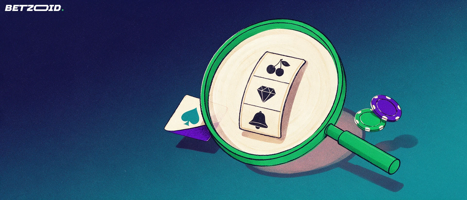 Ilustración de una lupa grande que amplía una tira de rodillo de tragamonedas con símbolos simples, junto a una carta con pica y dos fichas de casino.