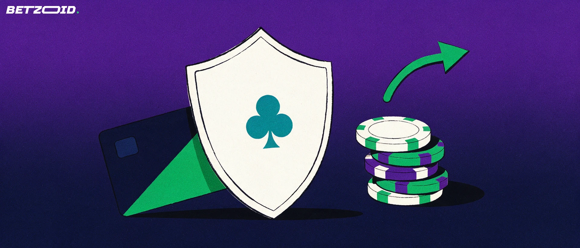 Ilustración de un escudo con símbolo de trébol, una tarjeta bancaria sin marca entrando en él y una pila de fichas de casino con una flecha verde ascendente.