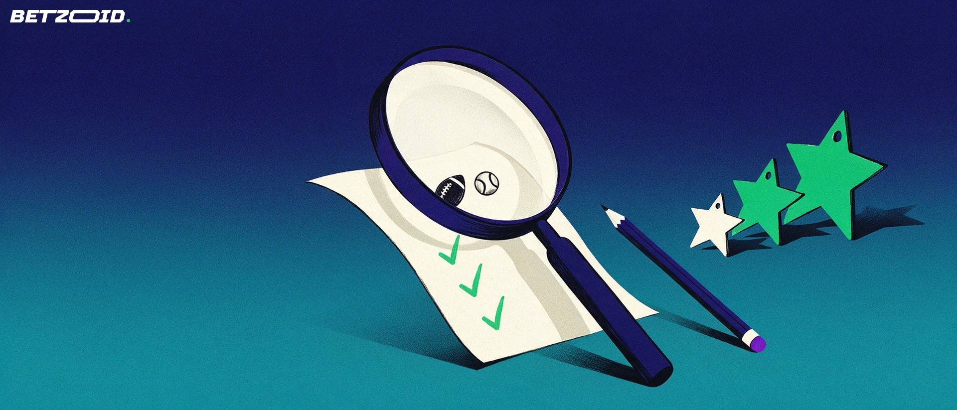 Ilustración de una gran lupa que examina un boleto de apuestas deportivas con marcas de verificación y estrellas de valoración.