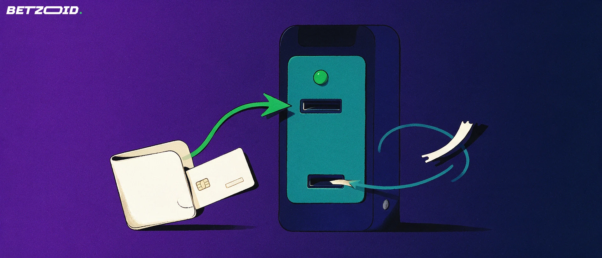 Ilustración de una billetera con tarjeta conectada por flechas a un terminal de apuestas que emite un tiquete.
