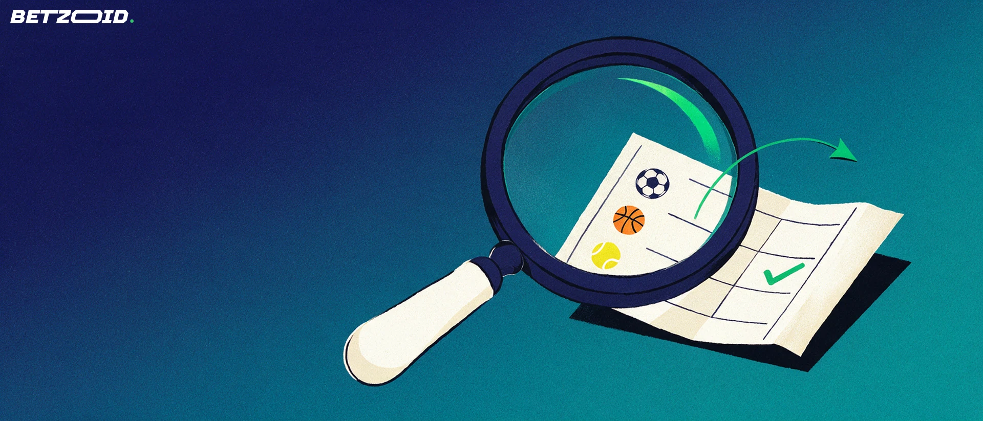 Ilustración de una gran lupa inclinada sobre un boleto de apuestas de papel con iconos de balón de fútbol, baloncesto y tenis.