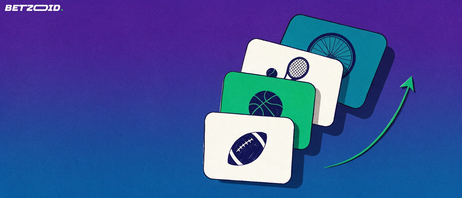 Ilustración de cuatro tarjetas superpuestas con símbolos de fútbol, baloncesto, tenis y ciclismo, acompañadas de una flecha verde ascendente.