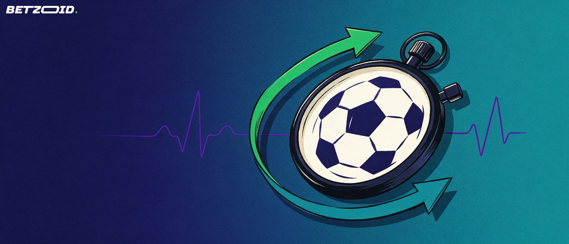 Ilustración de un cronómetro grande con la silueta de un balón de fútbol en su esfera y dos flechas curvas que suben y bajan, representando las apuestas en vivo.