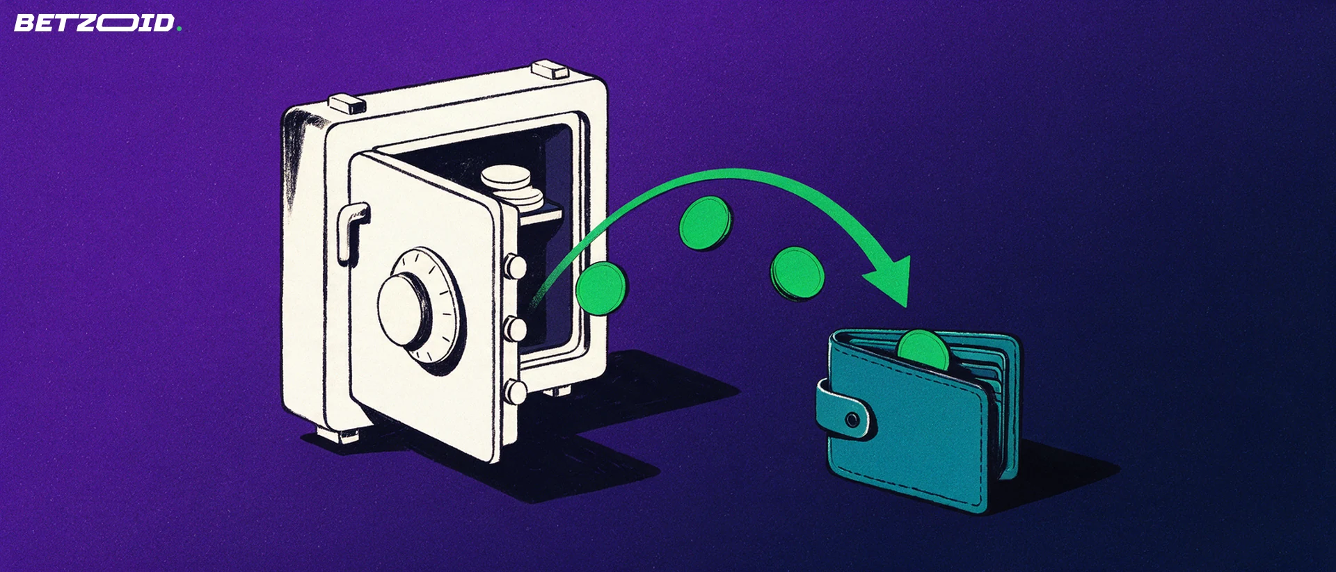 Ilustración de una caja fuerte abierta con una flecha verde que traslada fichas planas hacia una cartera abierta, símbolo de los retiros de dinero.