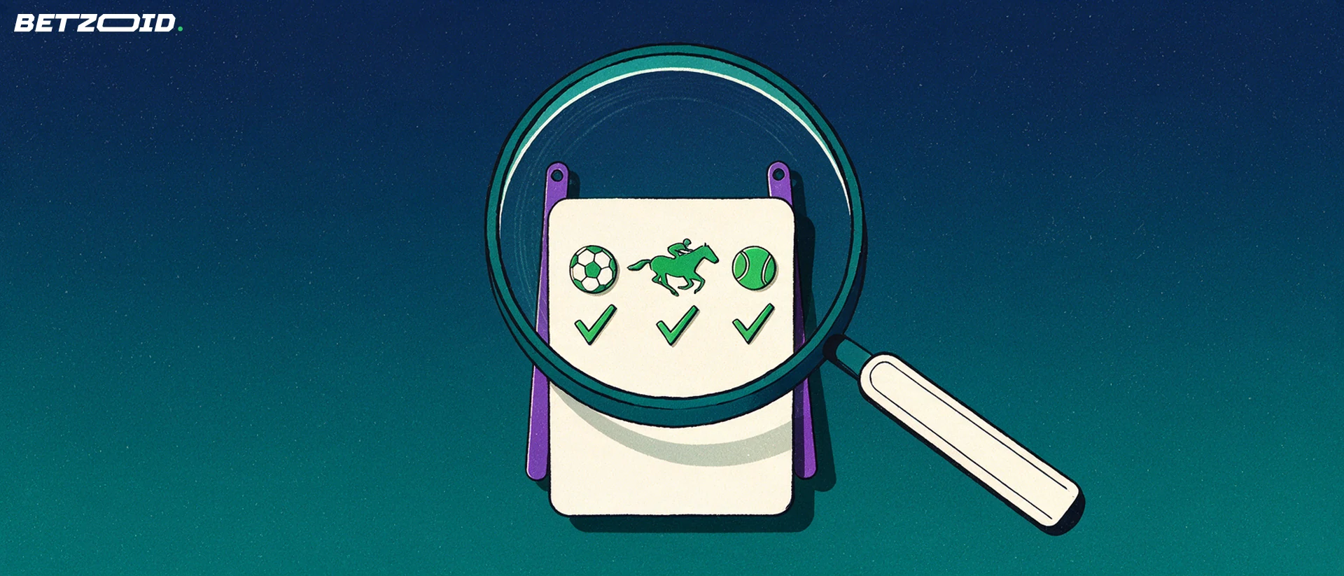 Illustration of a large magnifying glass enlarging sport pictograms and tick marks on a betting slip