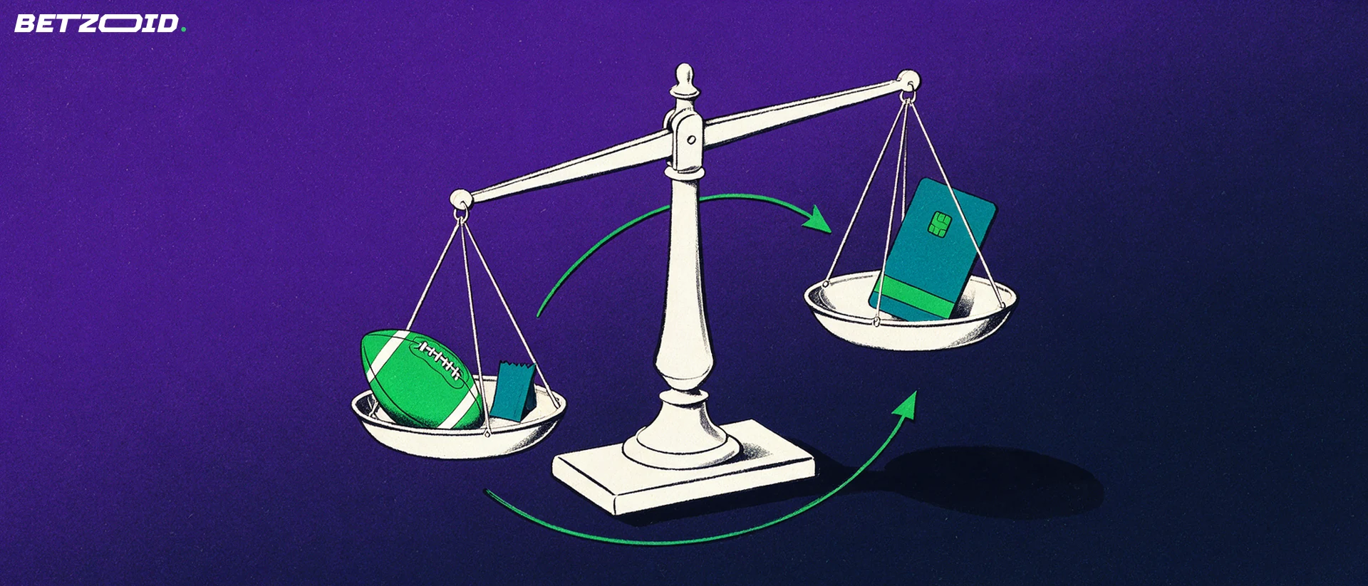 Illustration of a balance scale weighing a football and a betting ticket against a plain bank card