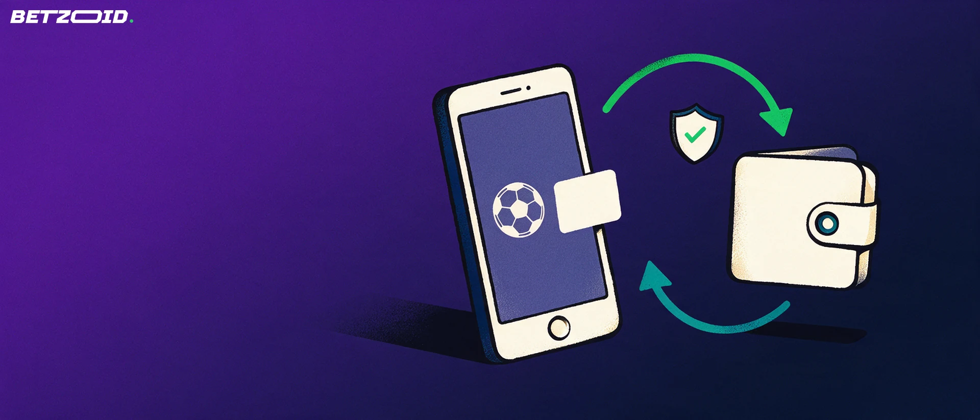 Ilustración de un teléfono con símbolos deportivos conectado por flechas a una billetera y un escudo con visto bueno
