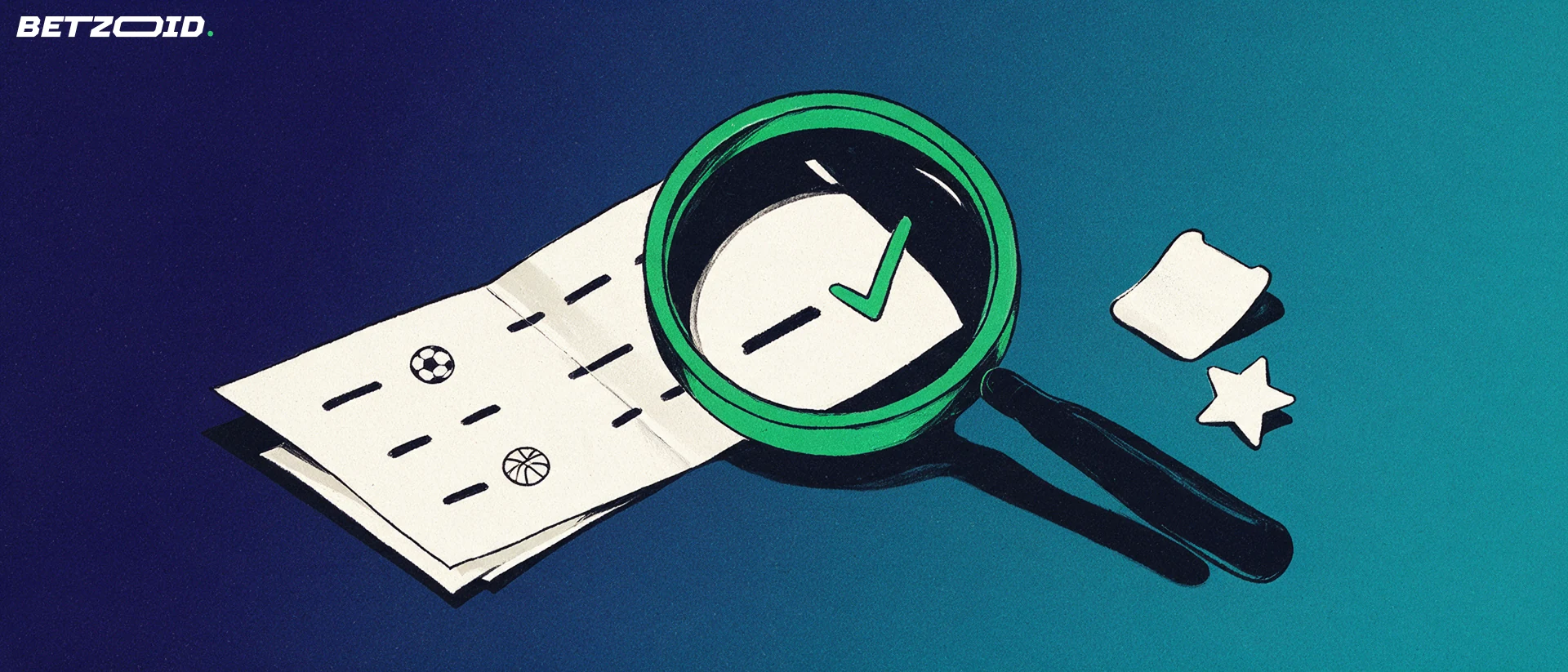 Ilustración de una lupa que examina un boleto de apuestas con símbolos deportivos y una marca de verificación verde.