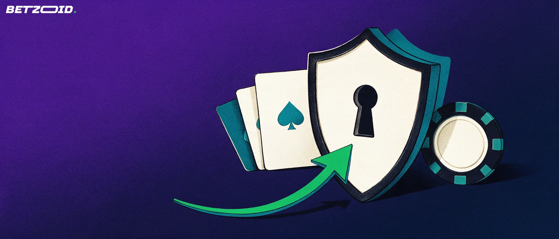 Ilustración de un escudo con cerradura junto a cartas y una ficha de casino, con una flecha que apunta a la cerradura.
