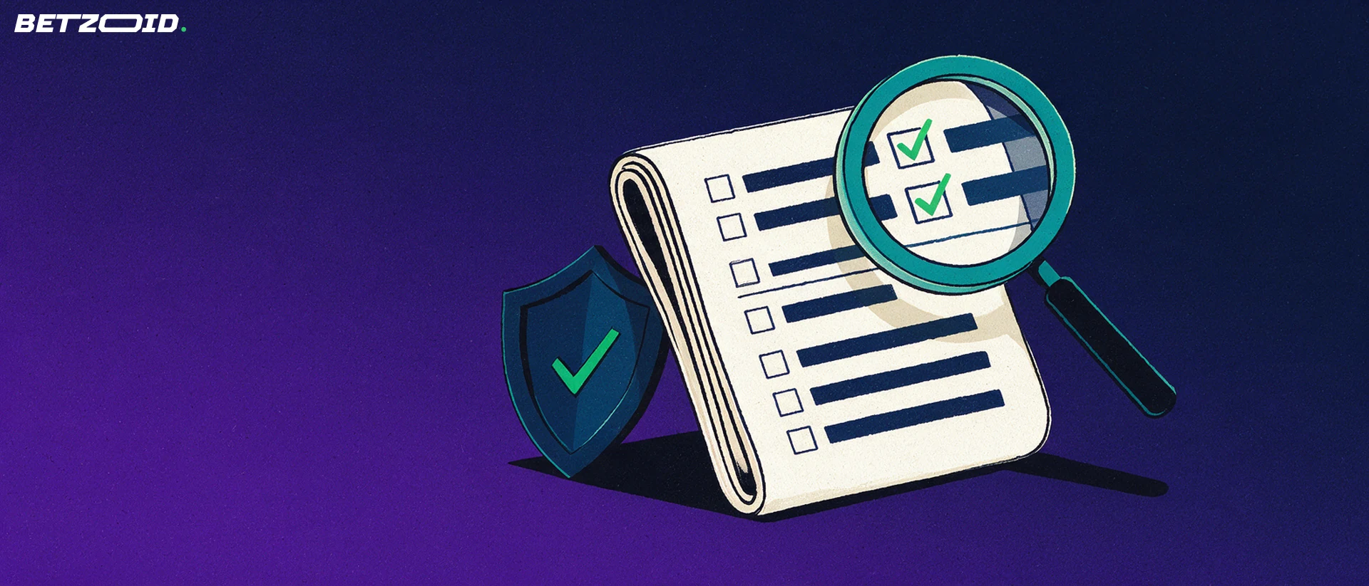 Illustration of a magnifying glass inspecting a folded rulebook page with blank checkboxes and green checkmarks, next to a shield with a tick.