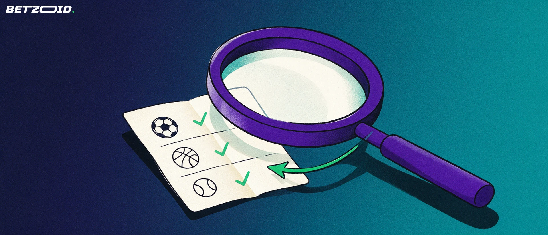 Ilustración de una lupa grande que examina un boleto de apuestas con iconos de fútbol, baloncesto y tenis marcados con visto bueno.