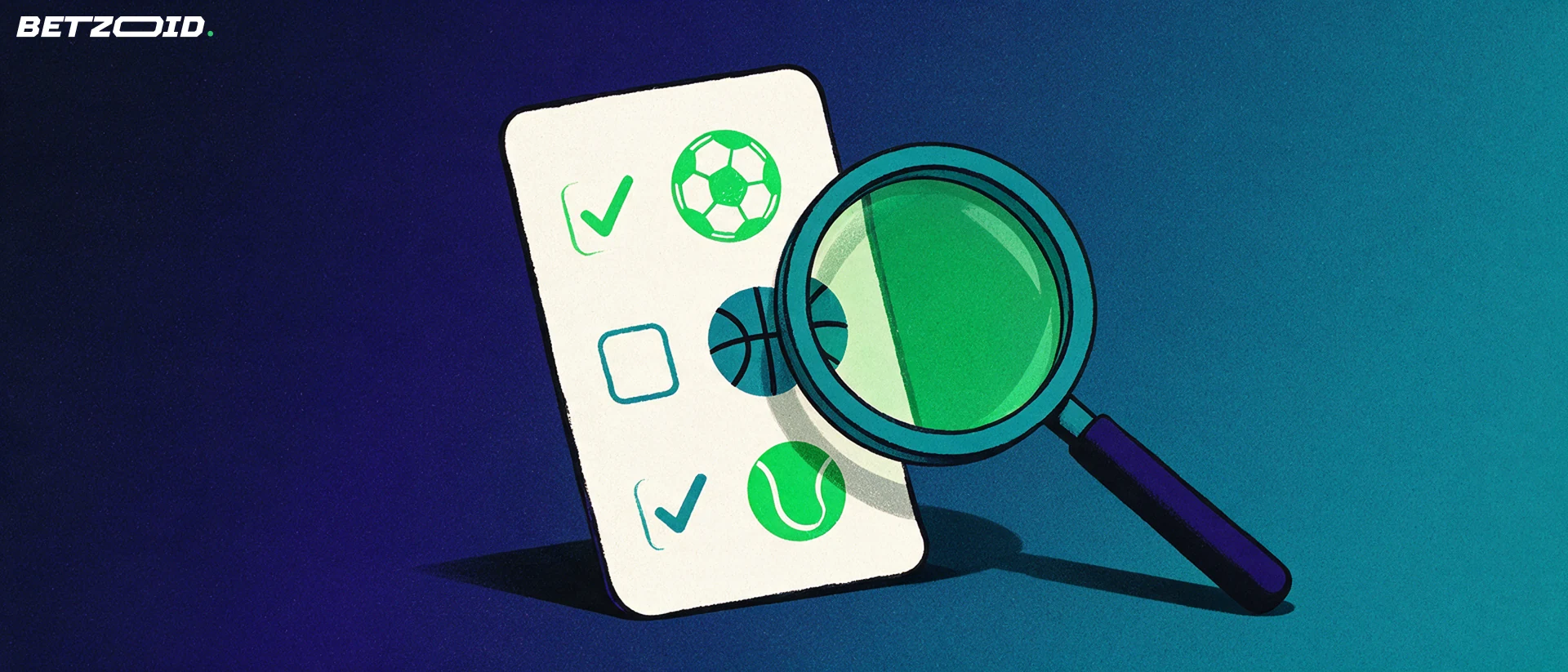 Illustration of a large betting slip with football, basketball and tennis symbols examined through a magnifying glass.
