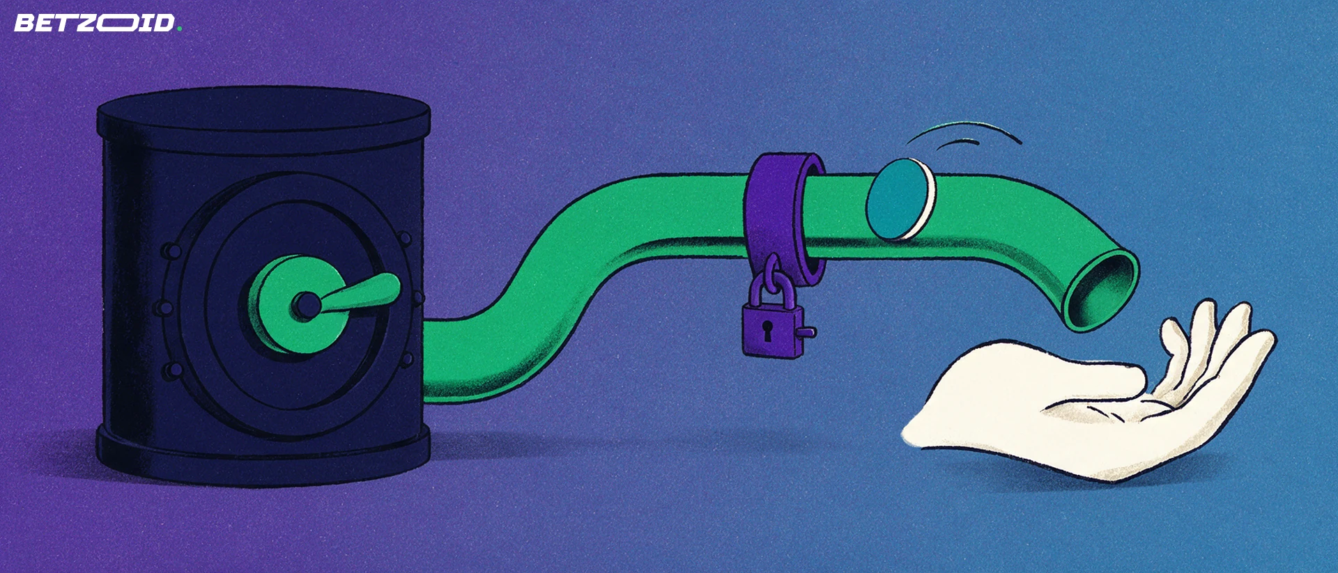 Illustration of a token moving through a pipe from a vault, past a locked gate ring, into an open cupped hand.