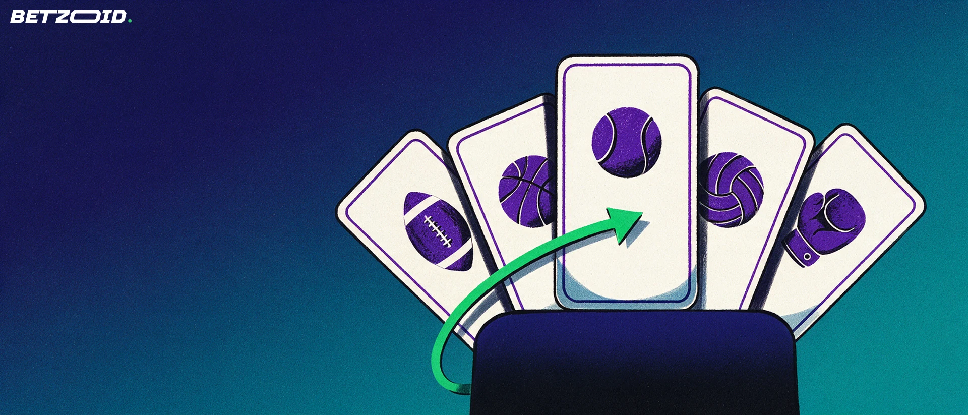 Ilustração de cartões de aposta abertos em leque sobre um pedestal, cada um com o símbolo de um esporte diferente e uma seta verde apontando para a escolha.