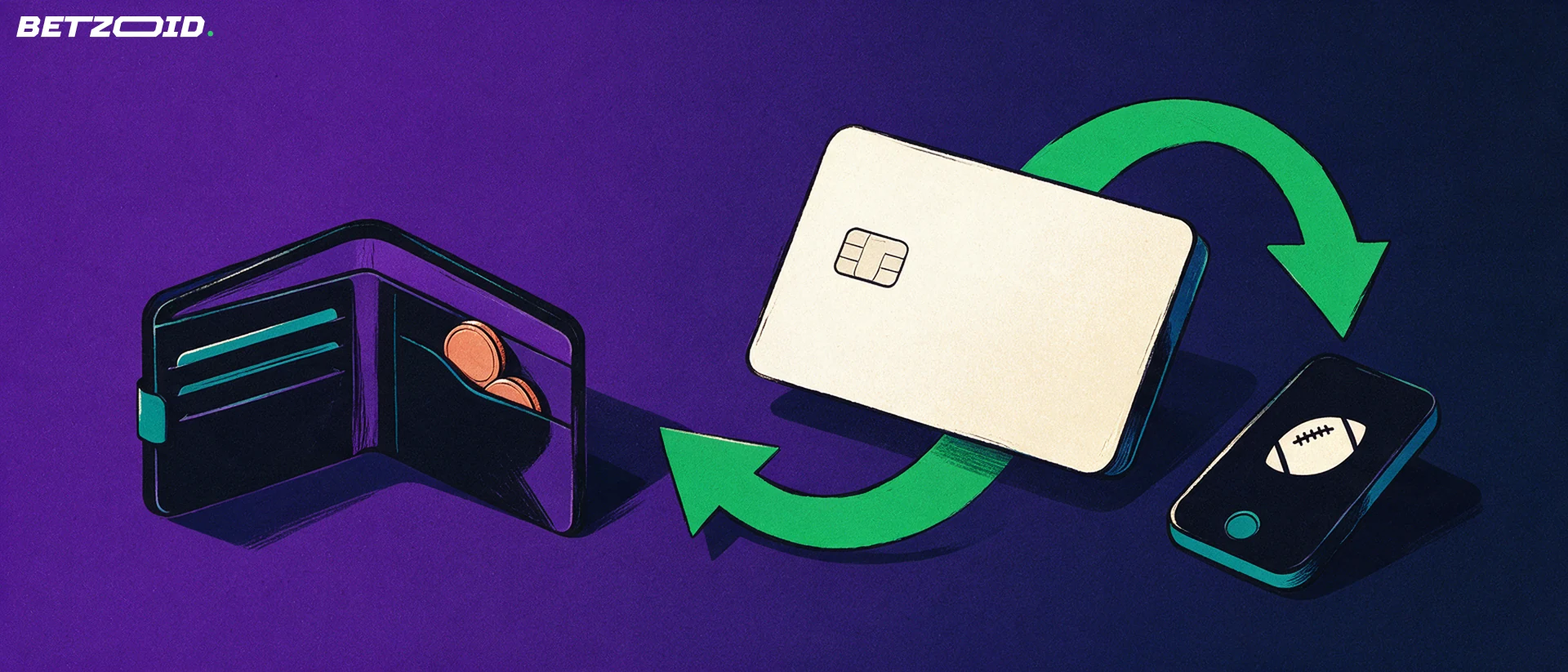 Ilustração de um cartão de pagamento ligado por duas setas em círculo a uma carteira e a um aparelho móvel com um símbolo de futebol na tela, representando depósitos e retiradas.