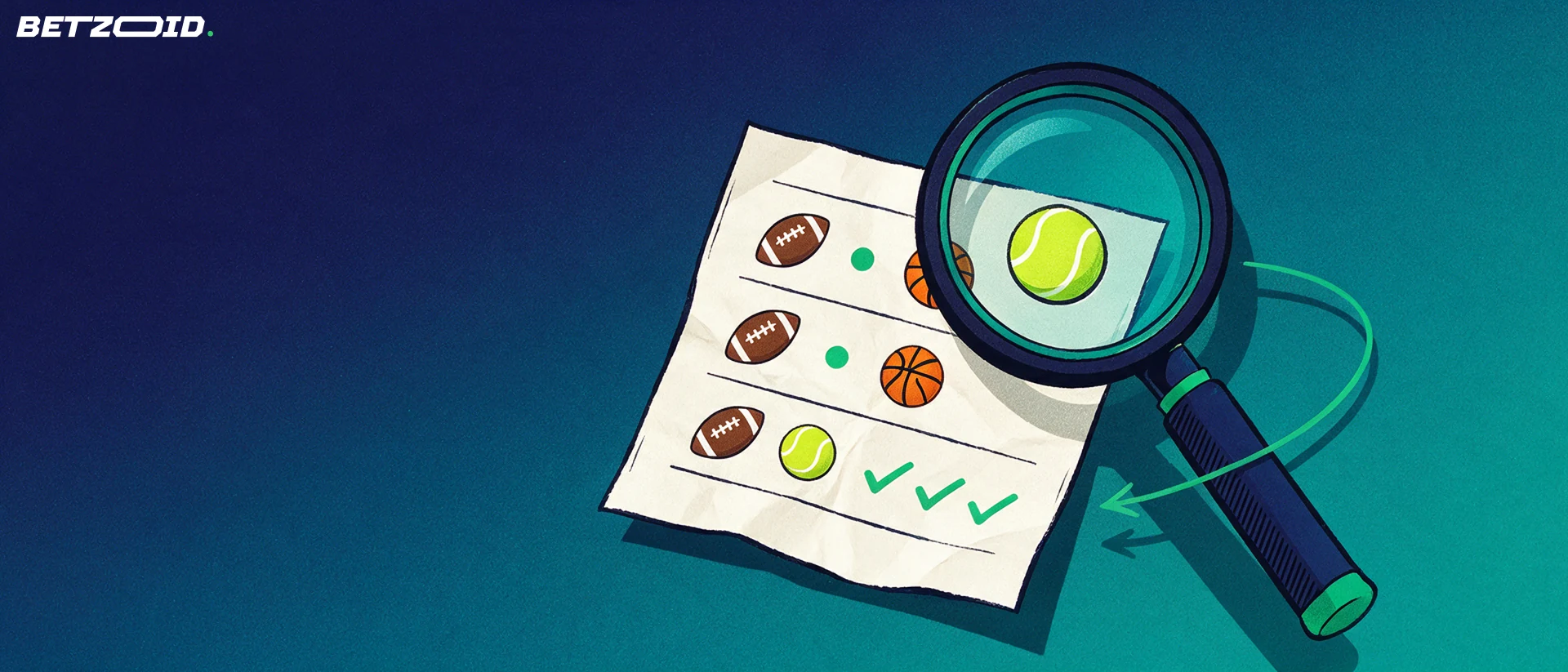 Ilustração de uma lupa ampliando símbolos de futebol e basquete em um boletim de apostas com marcas de verificação.