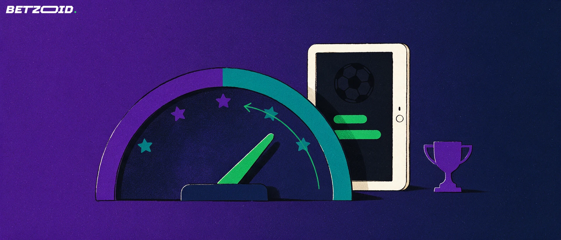 Ilustração de um medidor em arco com estrelas e ponteiro ao lado de um tablet com ícone de bola de futebol e um troféu.