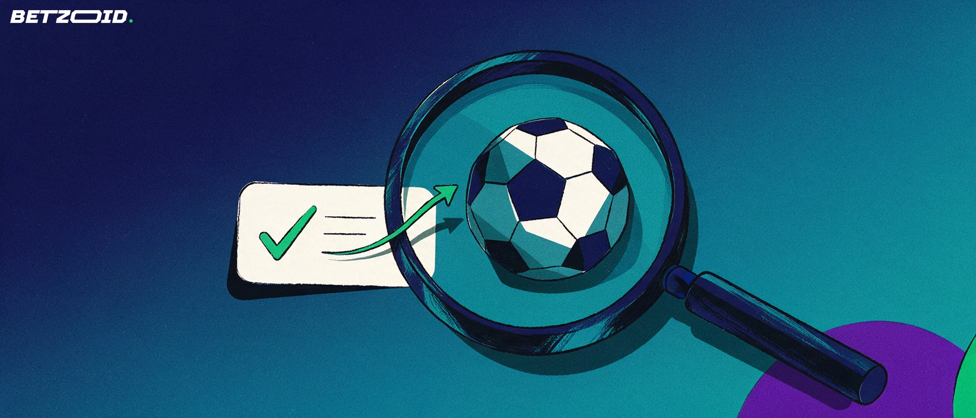 Ilustração de uma lupa ampliando uma bola de futebol e um bilhete de aposta com um sinal de confirmação verde.
