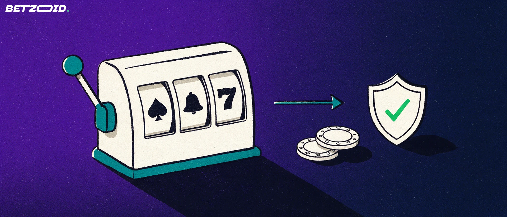 Ilustração de uma máquina caça-níqueis com três símbolos, duas fichas de cassino e um escudo com sinal de verificação verde.