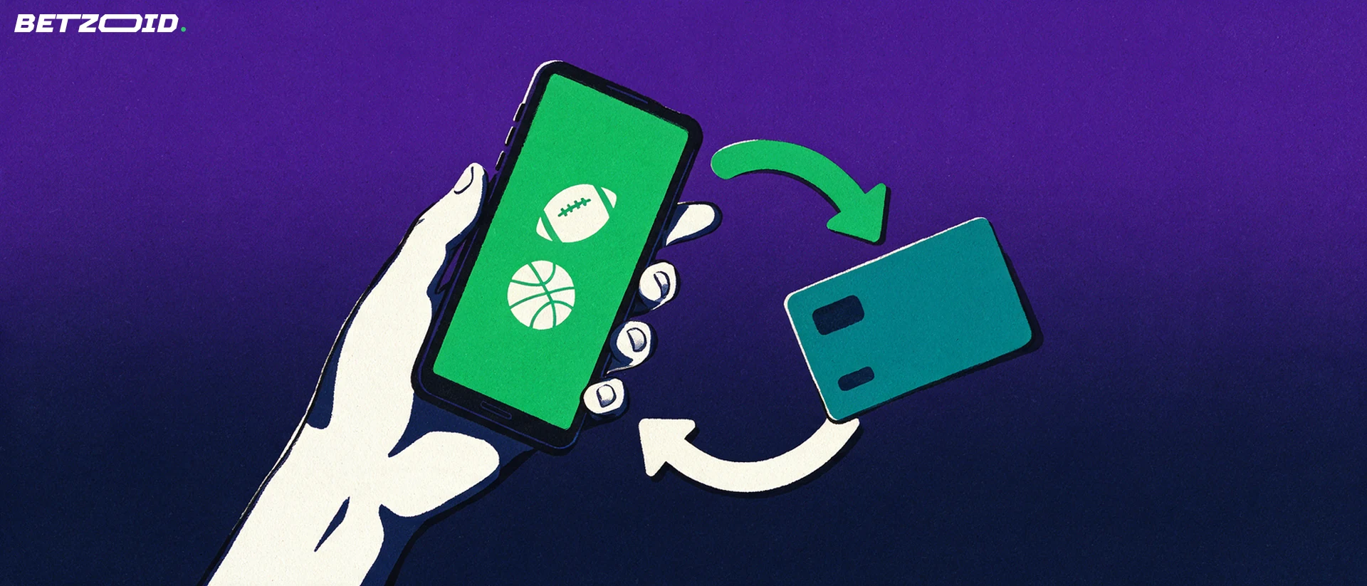 Illustration of a hand holding a phone showing sport symbols, linked by arrows to a plain payment card