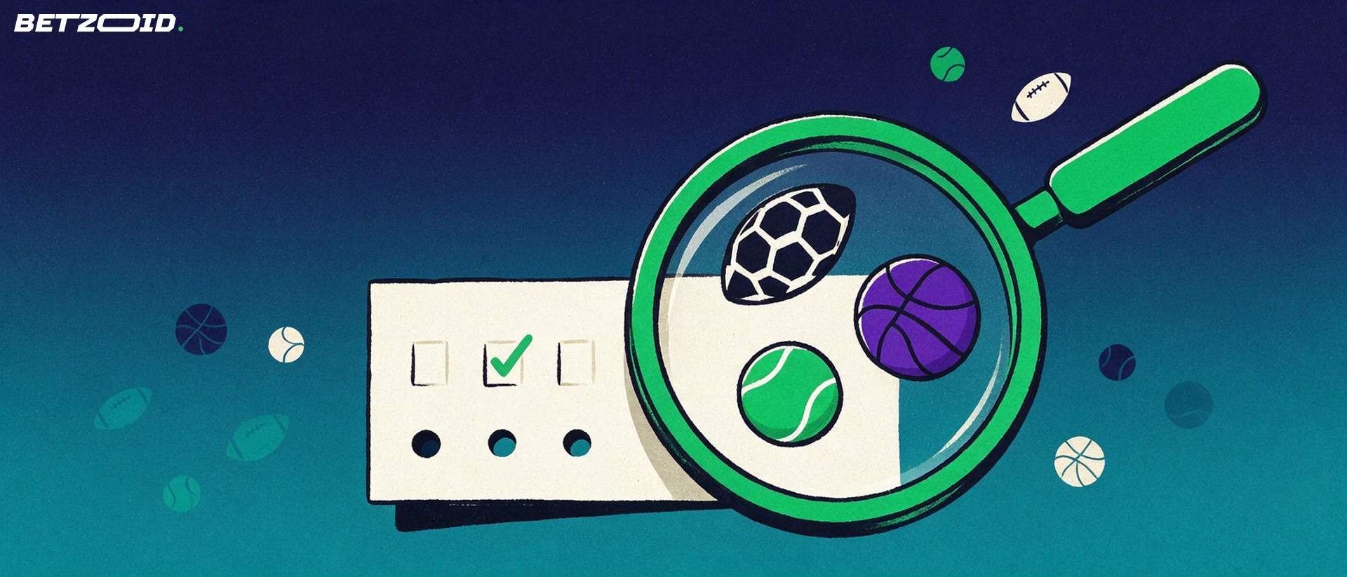 Ilustração de uma grande lupa examinando um bilhete de apostas com símbolos de futebol, basquete e tênis ampliados dentro da lente.