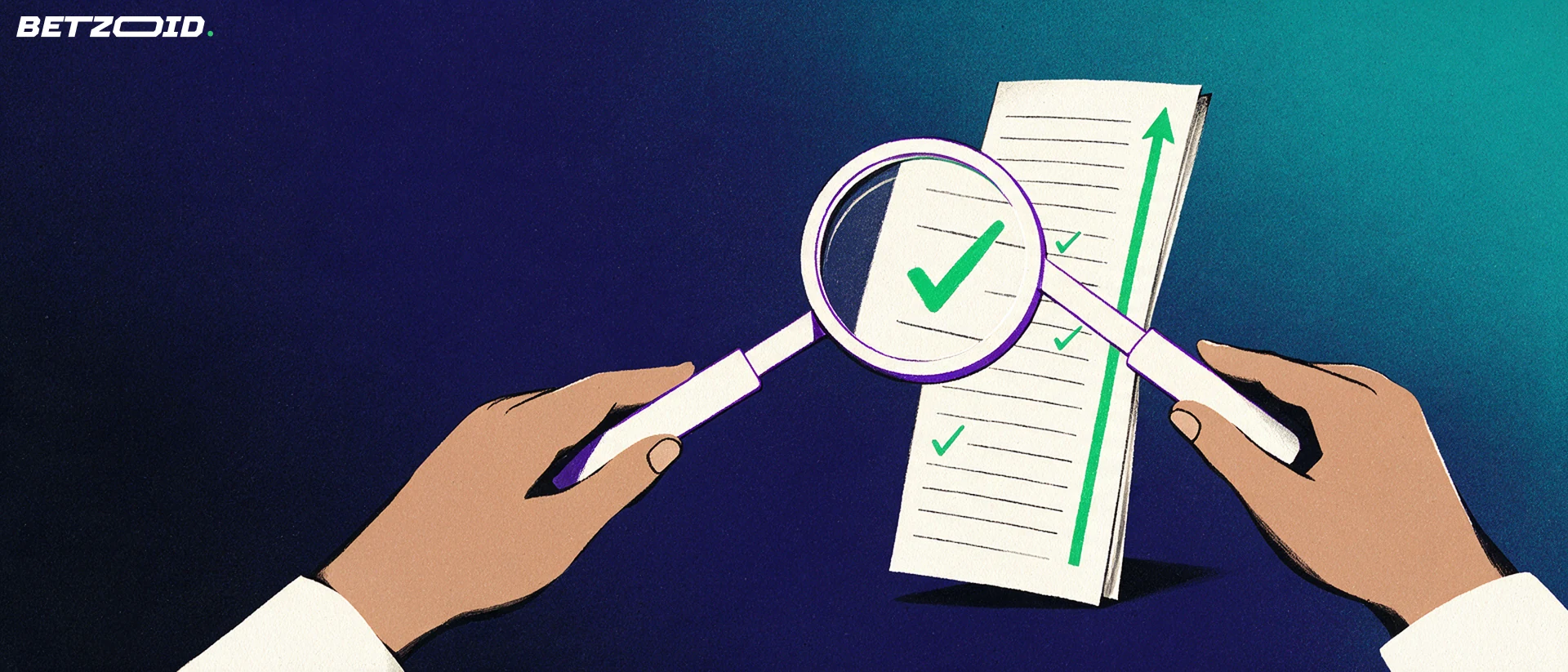 Ilustração de uma lupa grande examinando um bilhete de apostas em papel com marcas de conferido e uma seta verde.