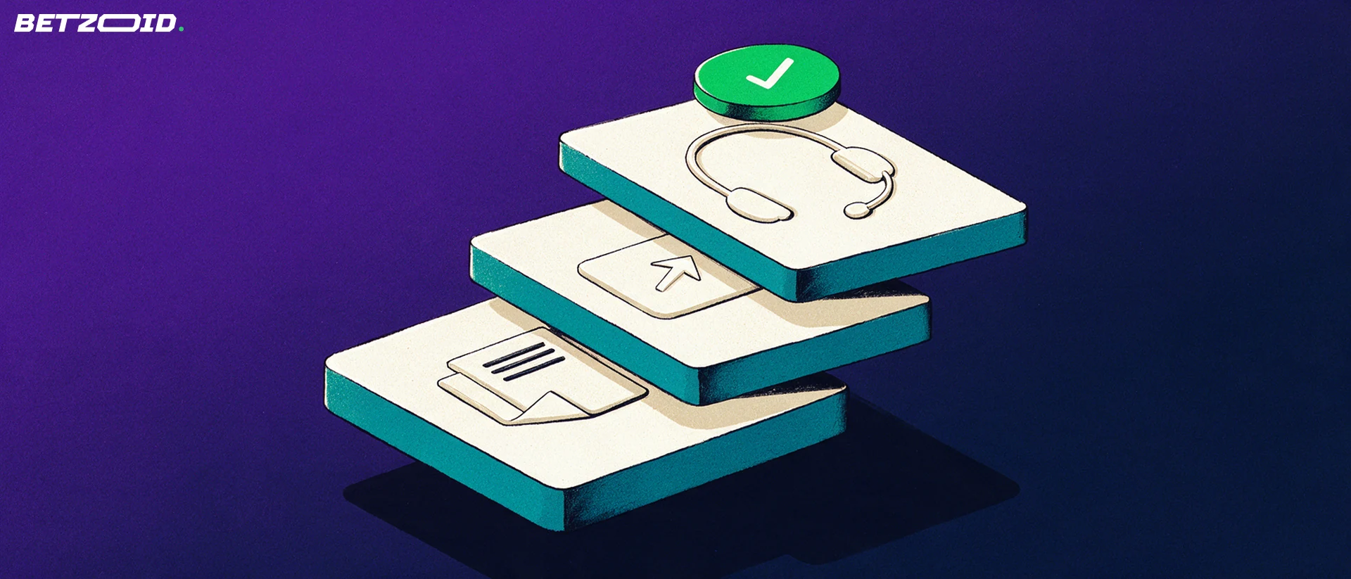 Ilustração de três camadas empilhadas com símbolos de bilhete de aposta, cartão de pagamento e fone de atendimento, com um selo verde de visto no topo.