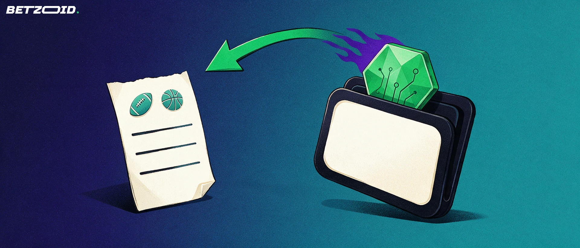 Illustration of a crypto wallet with a hexagonal token and an arrow feeding a sports betting slip marked with ball symbols.