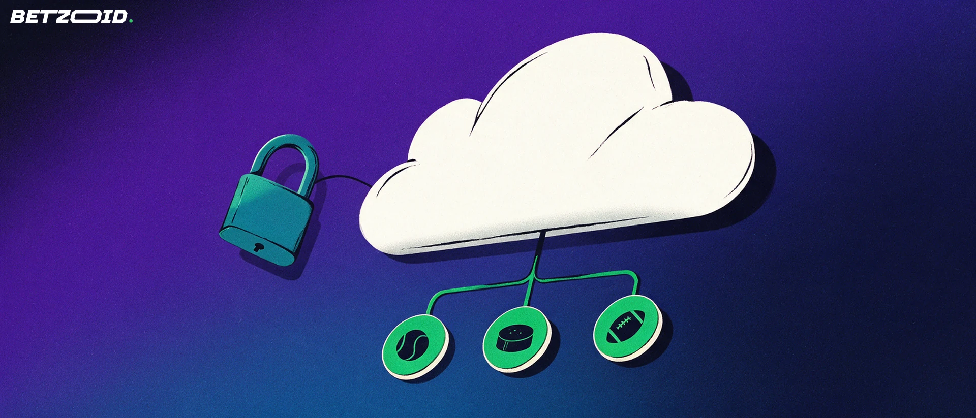 Illustration of a cloud shape connected to tennis, hockey and football symbols beside a padlock, suggesting secure online sports betting.