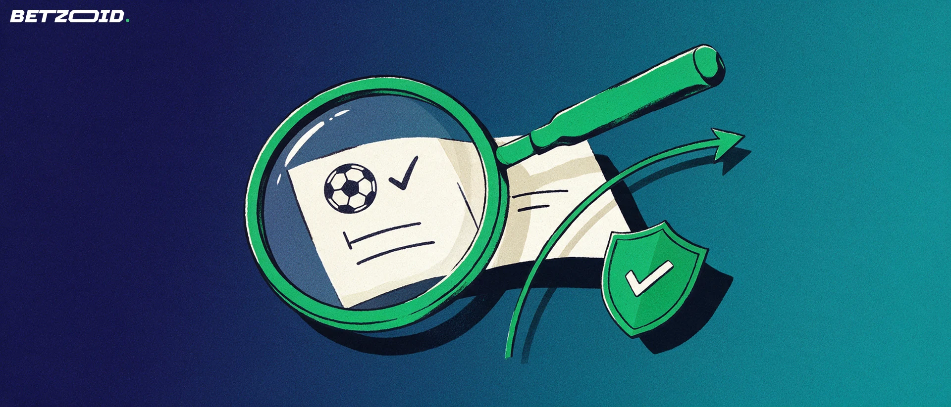 Ilustração de uma grande lupa examinando um bilhete de apostas com símbolo de bola de futebol e um escudo com marca de verificação.