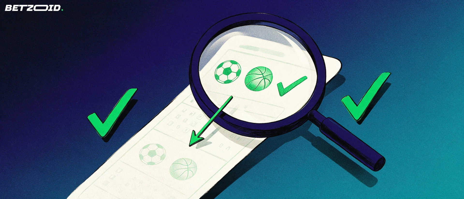 Ilustração de uma grande lupa examinando um bilhete de apostas com ícones simples de bola de futebol, basquete e sinal de aprovação, sobre fundo azul-petróleo.
