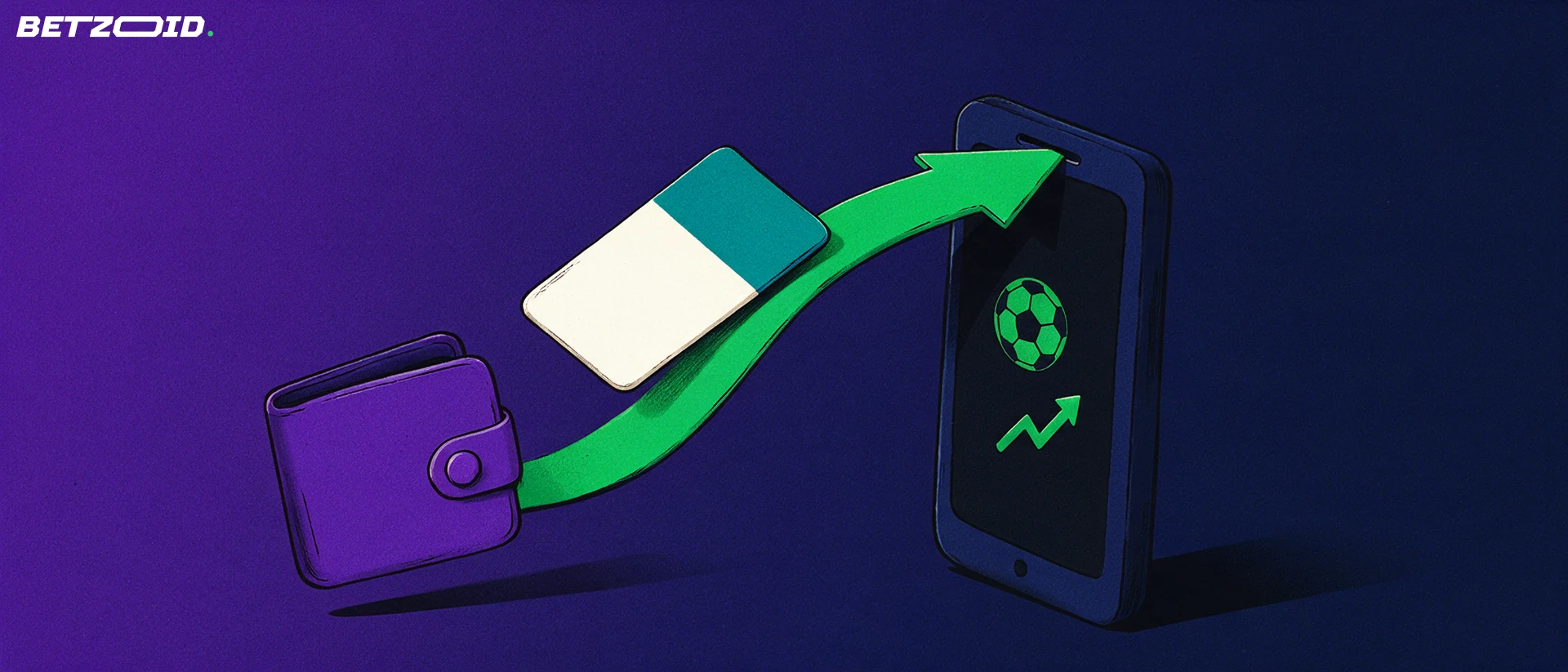 Ilustração de um cartão bancário subindo por uma seta verde até um celular com ícones de futebol, ao lado de uma carteira roxa, em fundo azul-arroxeado.
