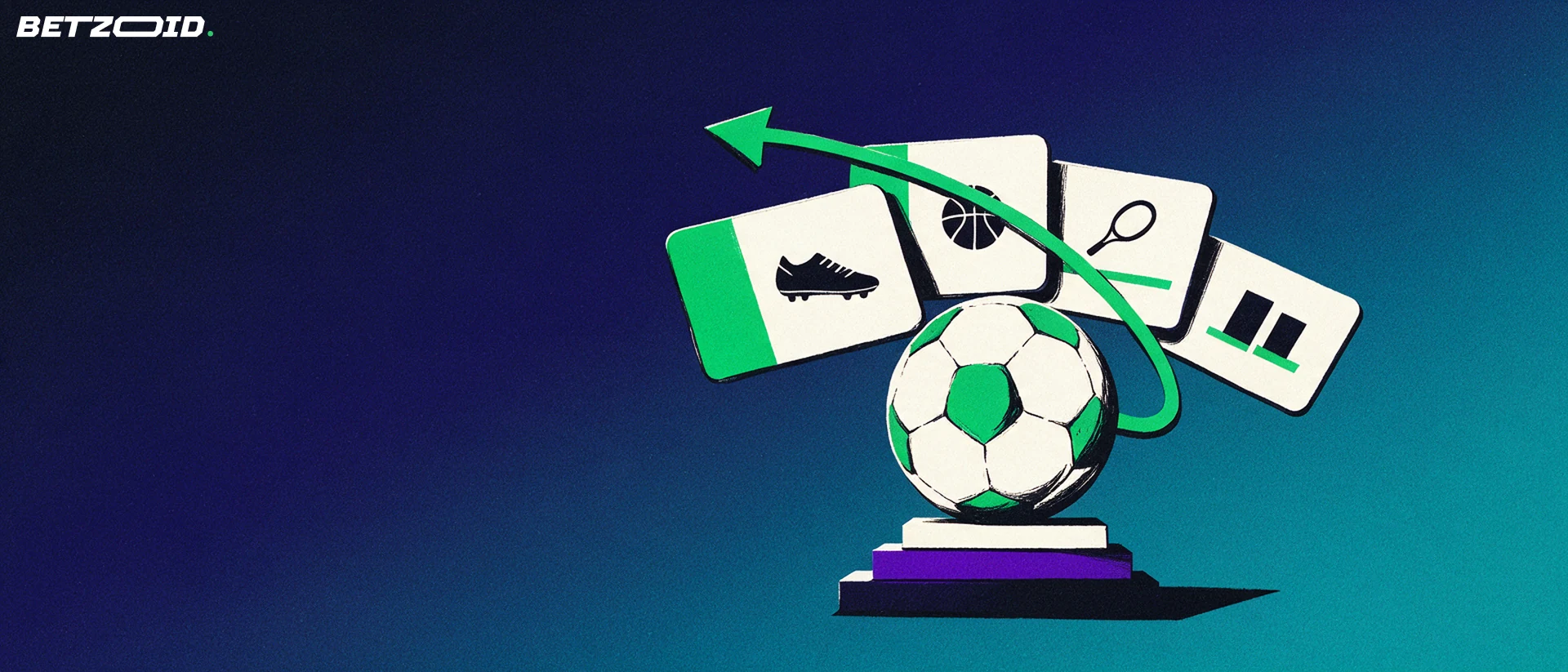 Ilustração de uma bola de futebol sobre um pedestal com cartões de mercados esportivos abertos em leque e uma seta verde apontando para cima.