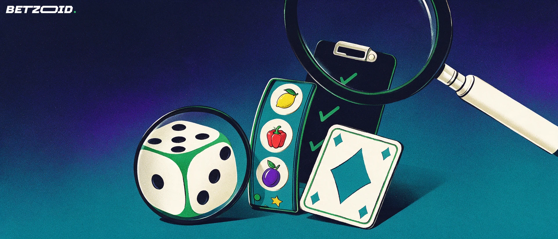 Ilustração de uma lupa grande examinando peças de jogos de cassino: um dado, uma faixa de rolo de caça-níqueis e um naipe, ao lado de uma prancheta com marcas de verificação.
