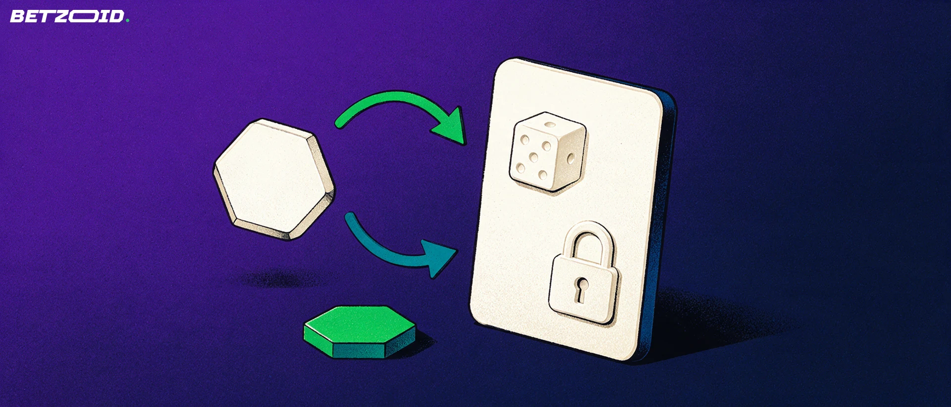 Ilustração de uma carteira digital com um dado gravado e um cadeado, ao lado de fichas hexagonais neutras e setas indicando depósito e saque.