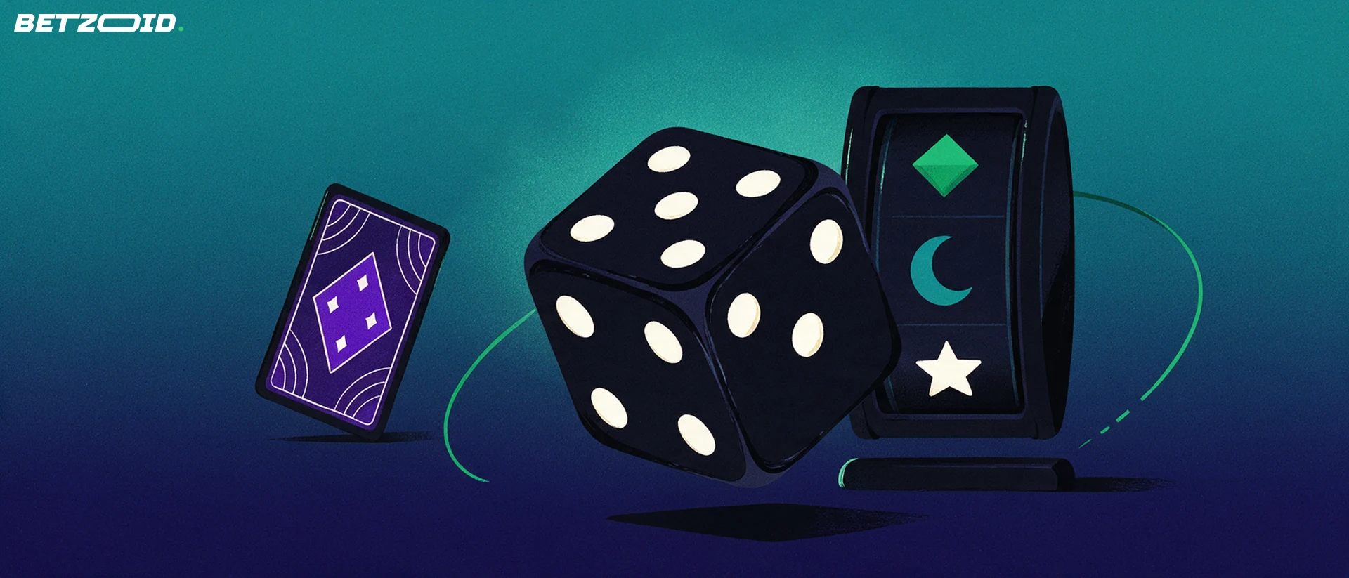 Illustration of a large die, a slot reel drum with abstract symbols and a playing card representing online casino games