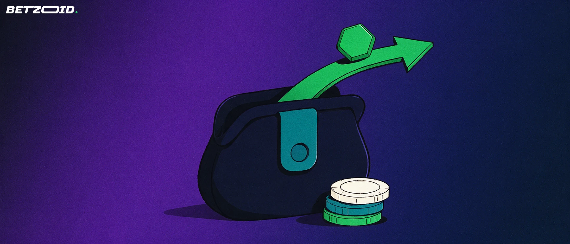 Illustration of a digital wallet with a green arrow lifting a blank hexagonal crypto token, beside a small stack of casino chips