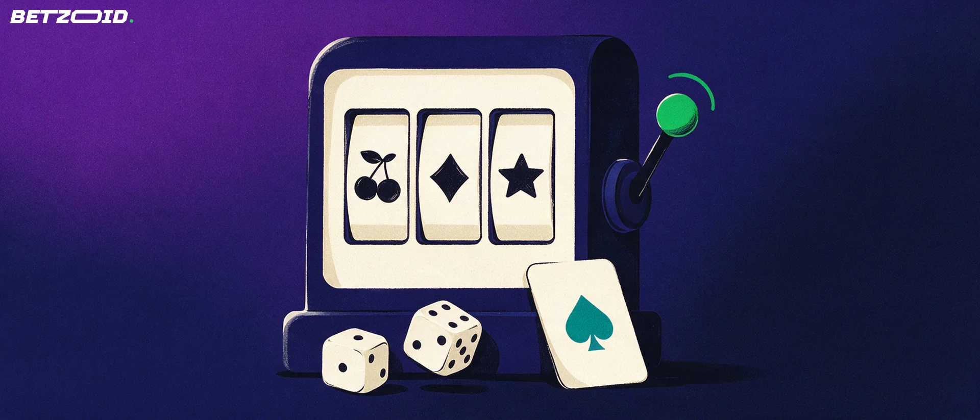 Ilustração de uma máquina de cassino com três rolos mostrando cereja, diamante e estrela, com alavanca verde, dados e uma carta com naipe de espadas.