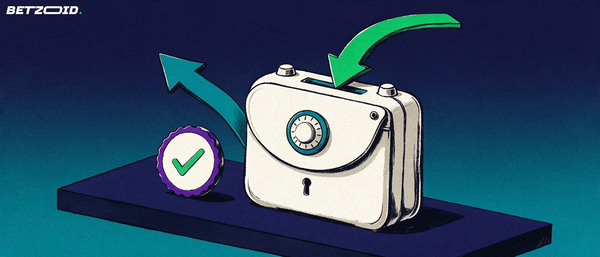 Ilustração de um cofre em forma de carteira com setas de entrada e saída indicando depósitos e retiradas, ao lado de um selo com marca de confirmação.
