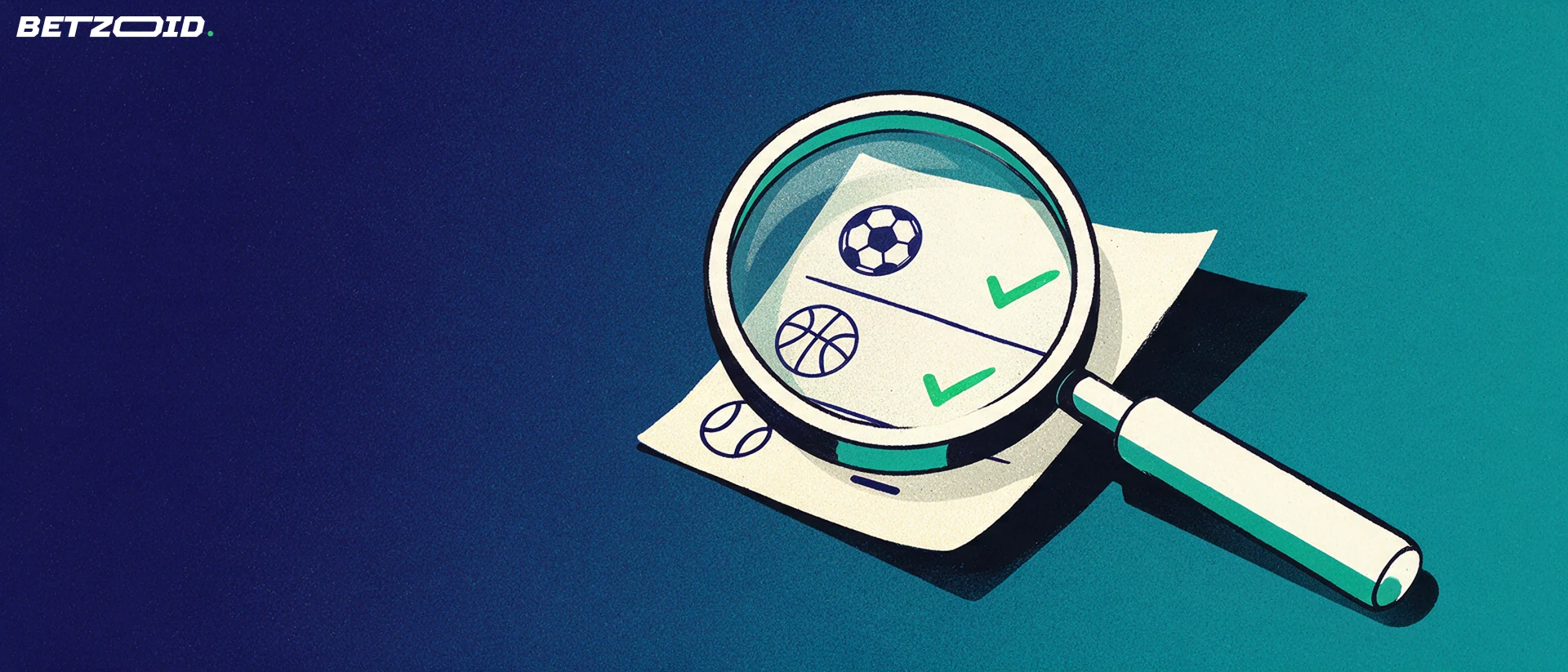 Ilustração de uma lupa grande examinando um boletim de apostas com ícones de futebol, basquete e tênis marcados com sinais de verificação.