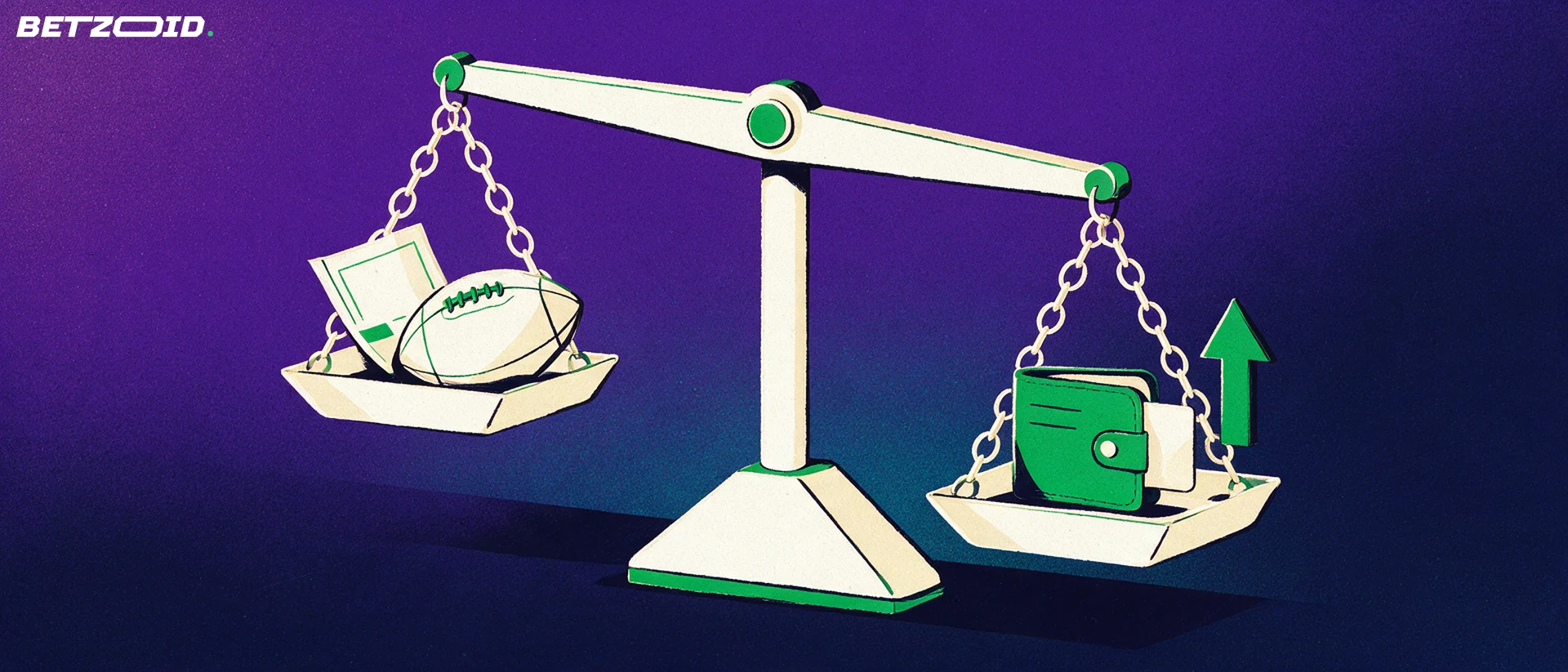 Ilustração de uma balança equilibrando, de um lado, uma bola de futebol com um boletim de apostas e, do outro, uma carteira com cartão e uma seta verde para cima.