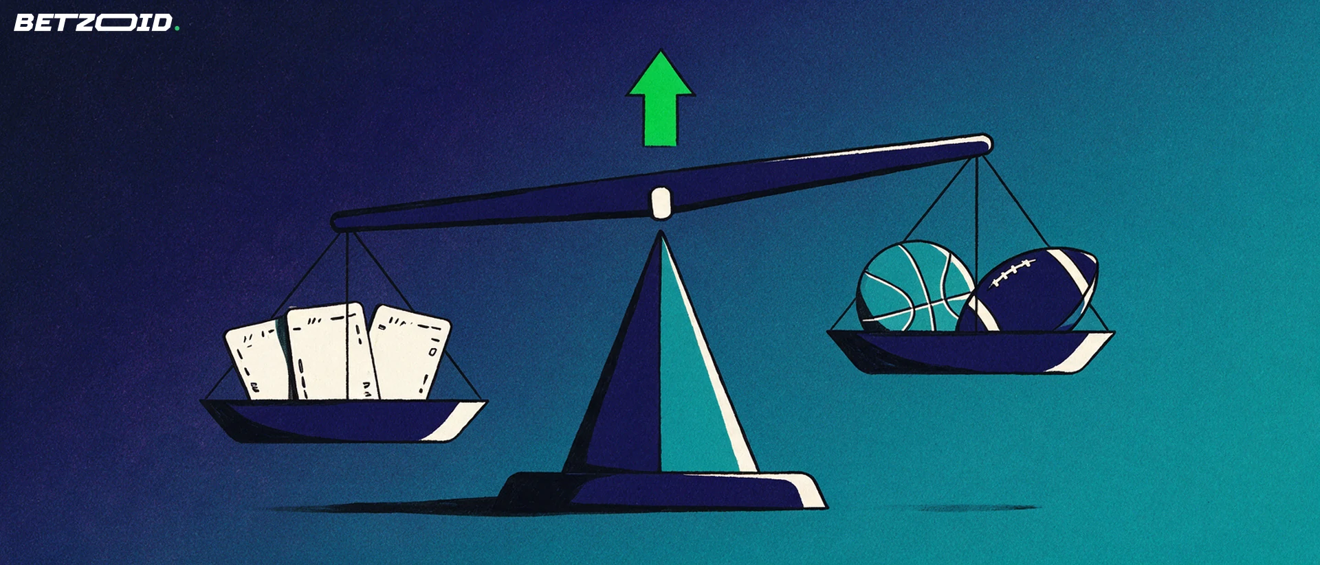 Illustration of a balance scale weighing betting slips against a basketball and an American football, with a small green upward arrow above.